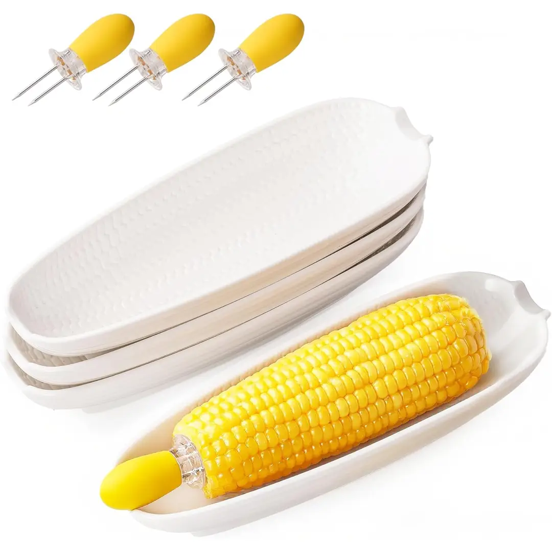 DAFUCERAMIC Lot de 4 assiettes à épis de maïs en porcelaine 8,8" - Blanc - Poignées en inox - Micro-ondes, lave-vaisselle et four