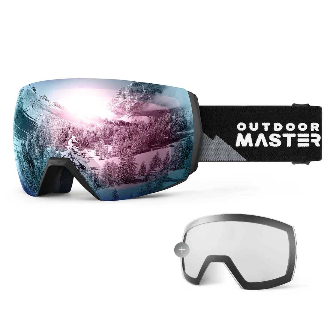 OutdoorMaster ULTRA ski- en snowgoggles + lenzenbundel voor dames en heren - grijs montuur, grijze lens met Revo roze + heldere lens