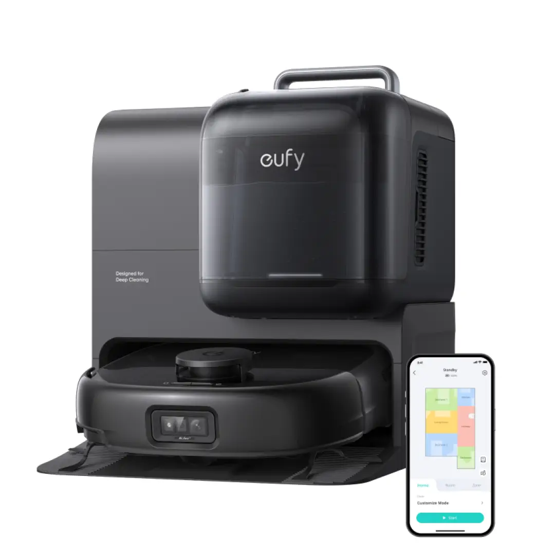 eufy Omni E28 HydroJet Saugroboter mit Wischfunktion, tragbarer Tiefenreiniger, 20.000Pa Turbo-Saugkraft, DuroSpiral Entwirrbürsten, CornerRover Arm für Ecken, All-in-One-Station, für Tiere & Kinder