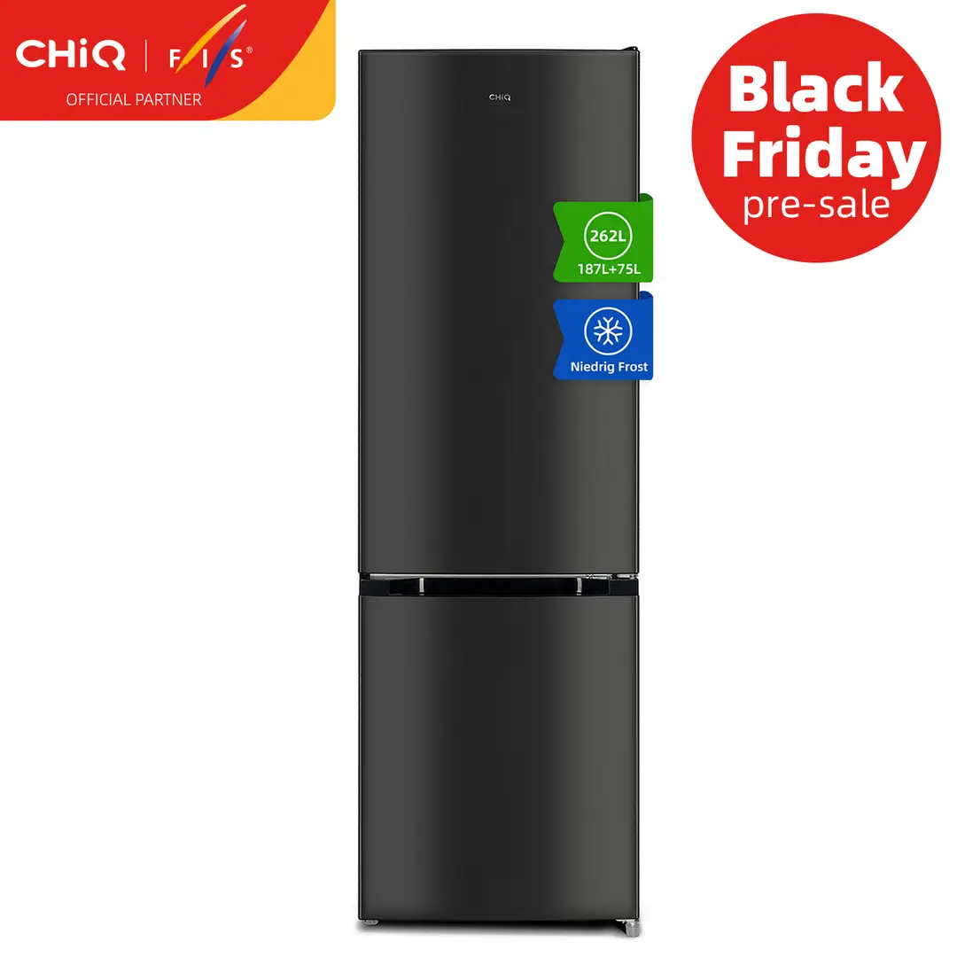 CHiQ Kühlschrank, Kombination, 262L, 176 x 54 x 55 cm (HxBxT), 215 kWh/Jahr, Kühl-Gefrierkombination, Low-frost, Frischhalteboxen, Dunkler Edelstahl Look groß, EEK E, für Küche/Haushalt/Wohnung, FBM260L, 2025
