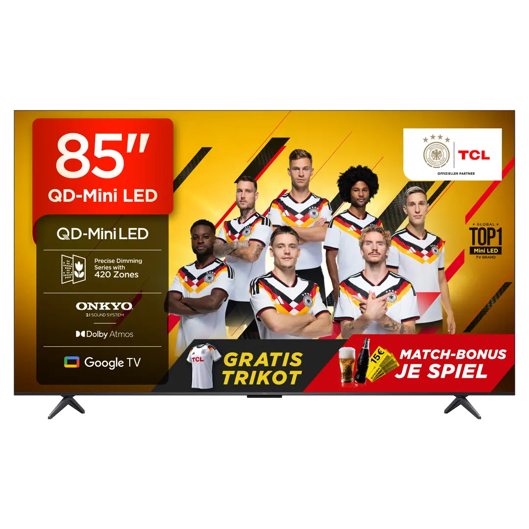 TCL 85Q6C QLED Mini LED Fernseher, 85 Zoll, 4K HDR Premium, Dolby Vision IQ & Atmos, Onkyo 2.1 Sound, Smart TV mit Google TV, Game master, 144Hz Motion Clarity Pro, AMD FreeSync Premium Pro, HDMI 2.1, AirPlay 2, Google Assistant & Alexa