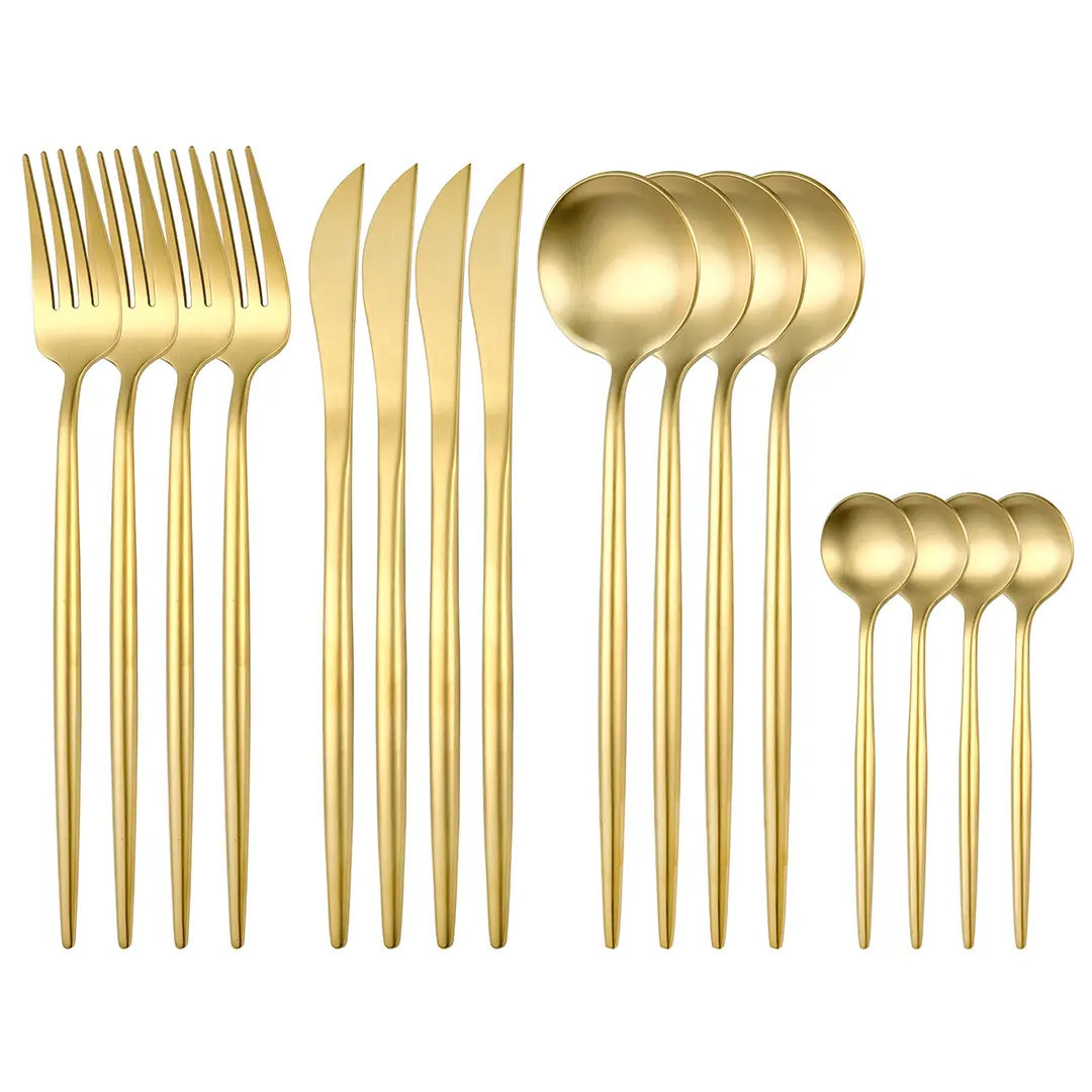 FangYuan 16-teiliges Besteckset aus Edelstahl in Gold mit Messer, Gabel, Löffel, Premium-Küchenbesteck, spülmaschinengeeignet, PTY