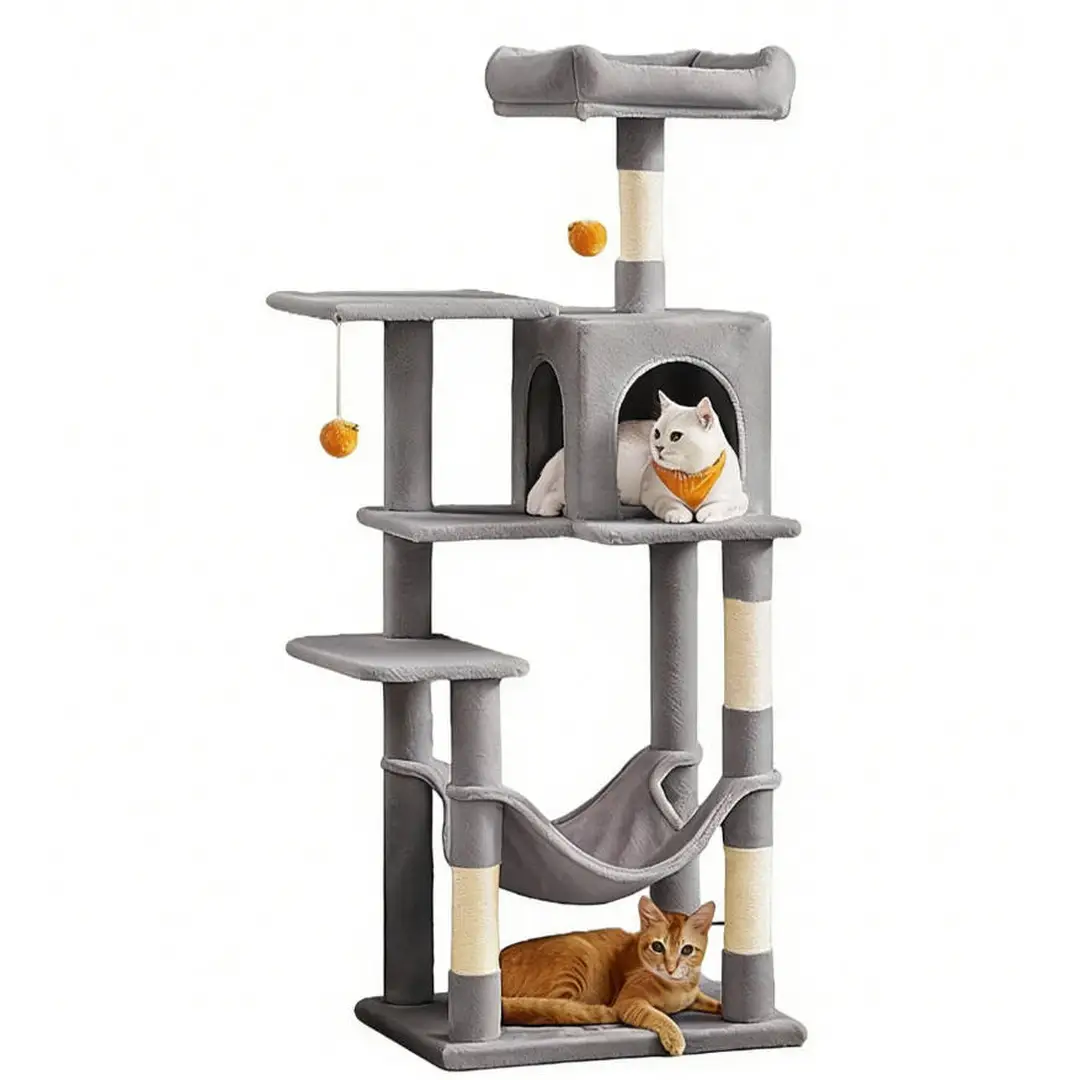 Feandrea Arbre à chat avec griffoirs, perchoirs, cabane, hamac et pompons gris clair - 143 cm