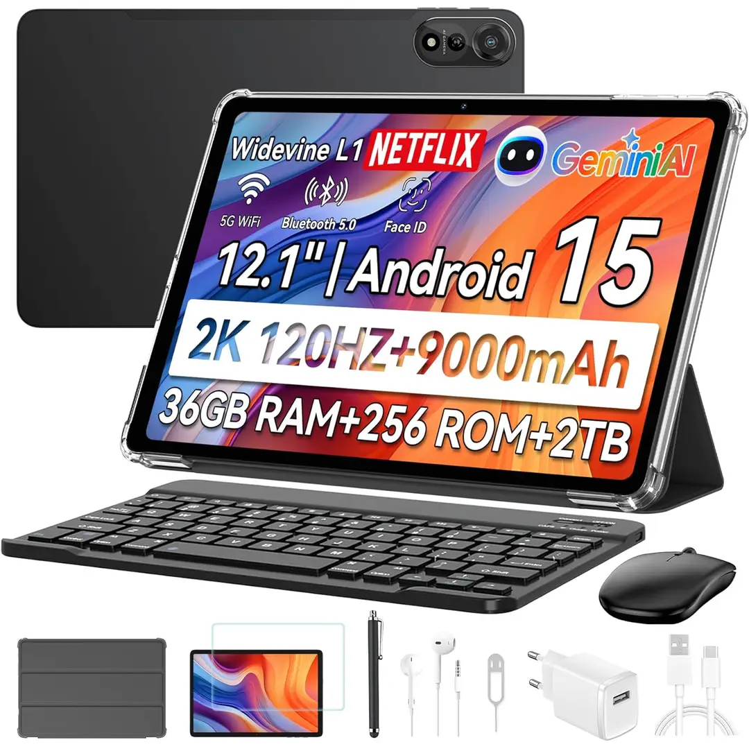 Blackview Mega2, 12 Zoll, 2K Display, FHD Tablet, 2025, 36(12+24) GB+256GB, 2TB erweiterbar, Dual 4G, 5G WiFi, 9000mAh, Android 15, Widevine L1