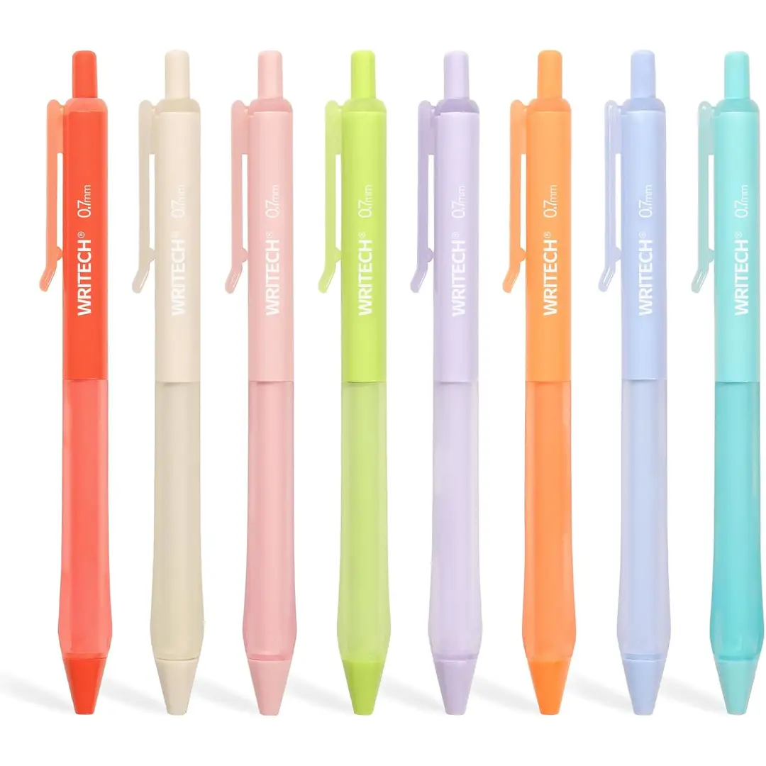 WRITECH Retraktible Gelroller: Feine Spitze 0,7 mm, gemischte Farben, weicher Griff, 8 Stück, kein Durchschreiben & Verlaufen, besonders glatte Schreibspitze, Kugelspitze, bunte Stifte fürs Journaling und Kolorieren