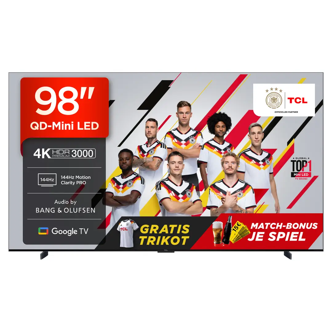 TCL Fernseher 98Q7C, 98 Zoll, QLED Mini LED, 4K HDR Premium, Dolby Vision IQ & Atmos, Google TV, 144 Hz VRR, FreeSync Premium Pro, Bang & Olufsen Sound, IMAX Enhanced