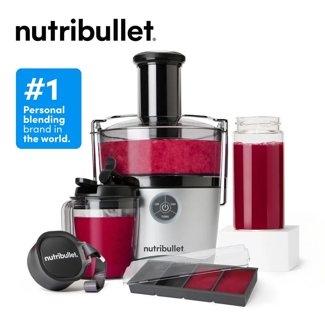 nutribullet Juicer Pro - 1000W 10pc Complete Kit, 2L Pulp Basin & Wide 3'' Chute & Glass To-Go Bottle & Freezer Tray, Dishwasher Safe, 3 Precision Speeds