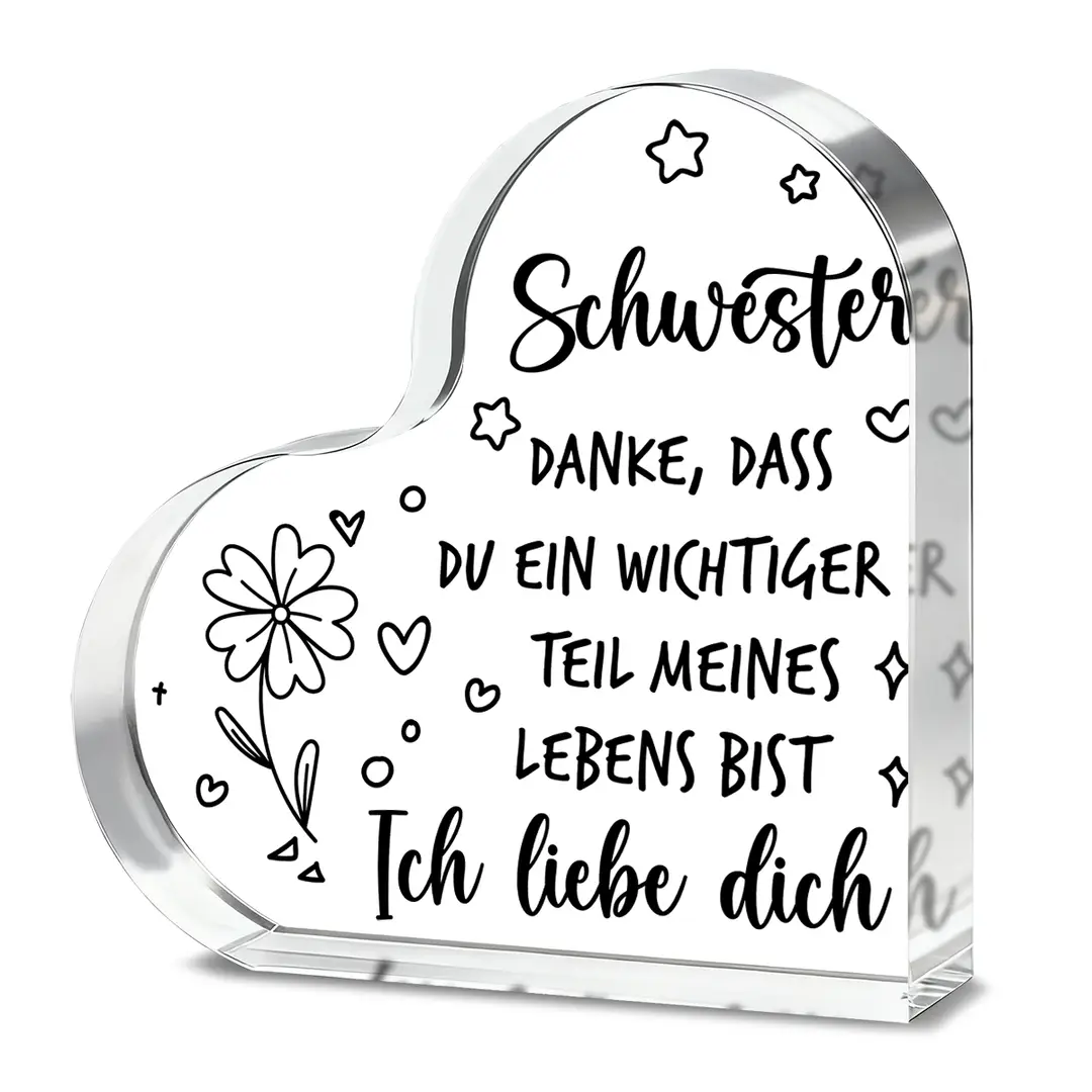 Alphynix Herz-Akryl-Plakette, 1 Stück, „Schwester DANKE, dass du ein wichtiger Teil meines Lebens bist“, Geschenk mit handgezeichneten Sternen und Blumenmotiven