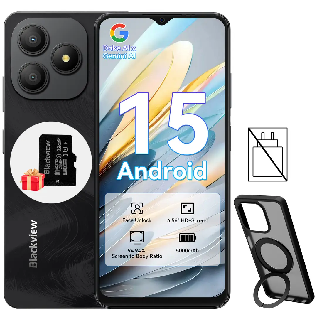 Blackview Wave 9C SIM-freies Smartphone Android 15, 12G (4G+8G) RAM + 128G ROM/2TB TF, 6,56" HD+, 5000mAh Budget-Handy, IP54, 13MP+8MP, Fingerabdruck/GPS/OTG/32GB TF-Karte/Ringhalter-Hülle