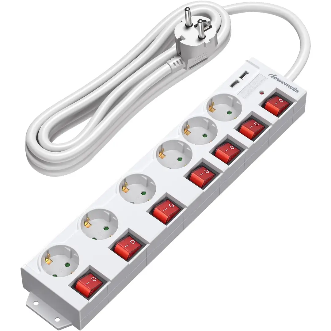 Dewenwils 6-stopcontacten stekkerdoos met 2 USB-poorten, individueel geschakeld, brede tussenruimte en 90°-uitvoering, overbelastingsbeveiliging en kinderslot, 3680 W / 16 A, 5 m kabel, wit