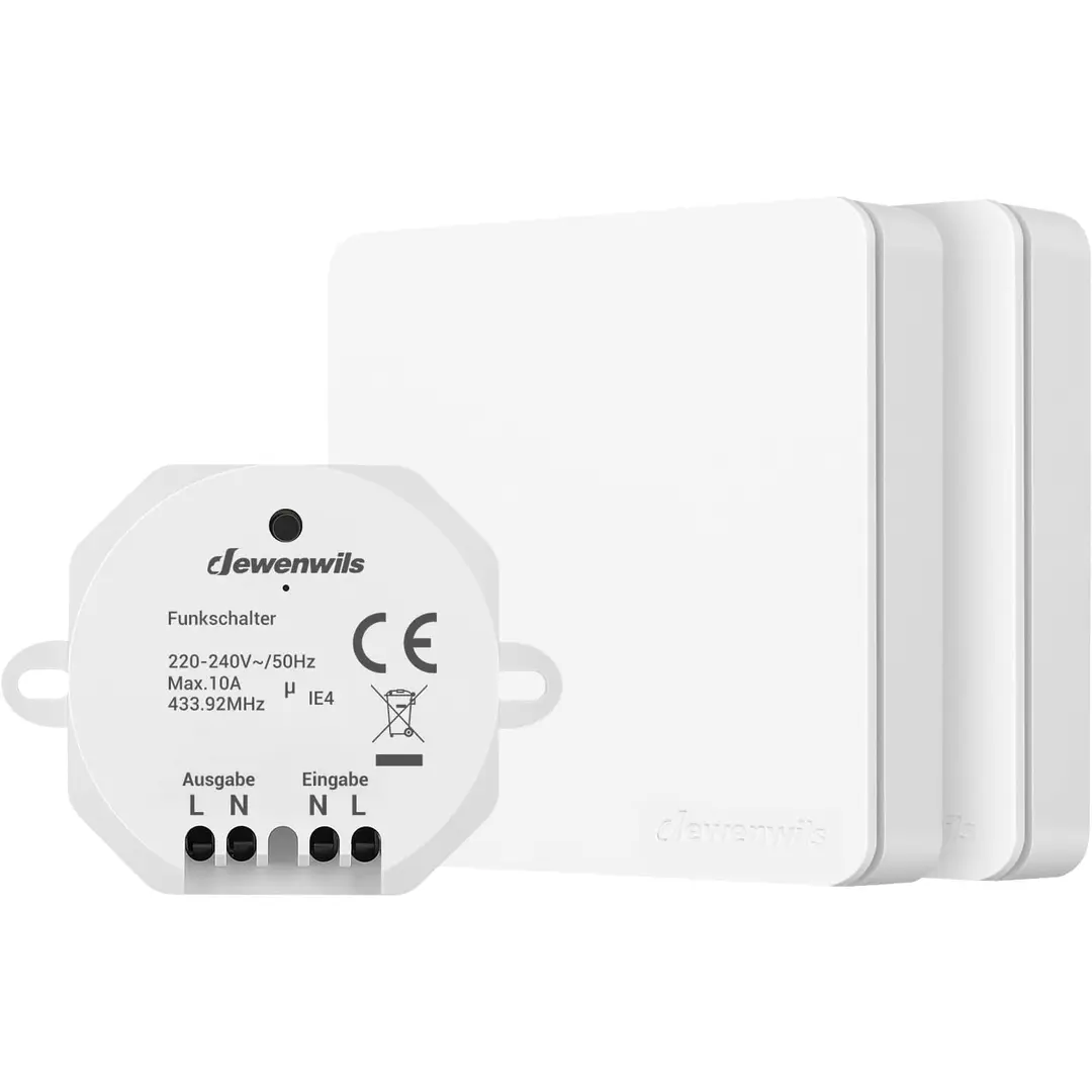 Dewenwils funk-schalter-set, funk-wandschalter, 30 m reichweite, 2 funk-lichtschalter für lampe, keine verkabelung erforderlich, 2300 W, weiß