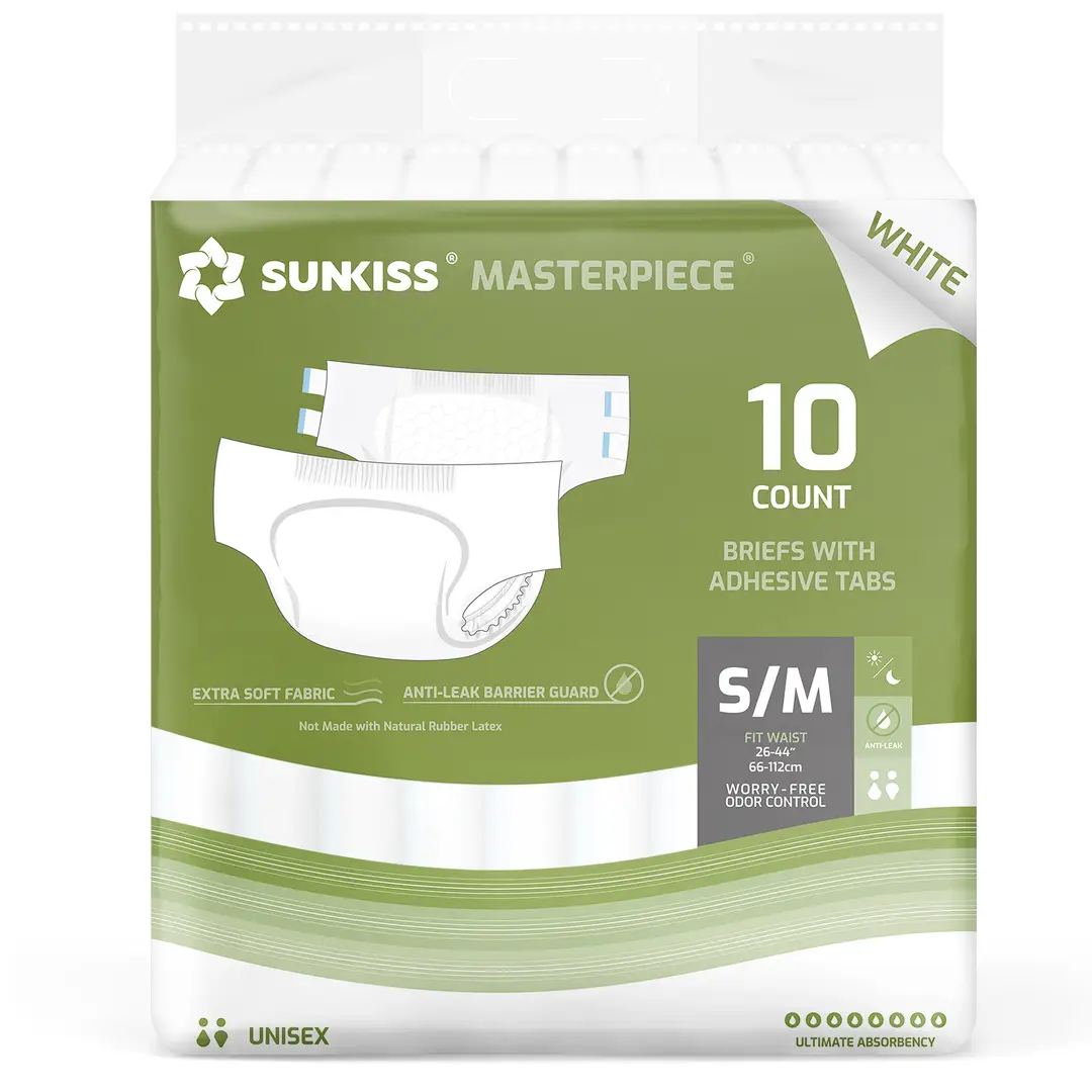 SUNKISS Masterpiece Windeln für Erwachsene mit ultimativer Saugfähigkeit, Einweg Inkontinenz Slips für Männer und Frauen, mit Tabs, Auslaufschutz bei Blasenschwäche, Weiß, Größe S/M, 10 Stück