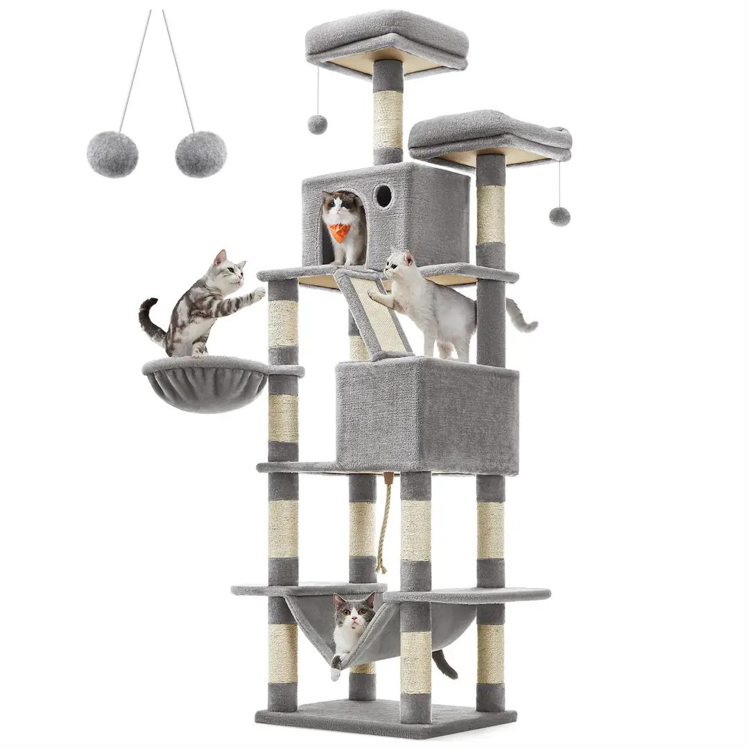 FEANDREA Large Cat Tower, 60x50x206cm, Light Grey