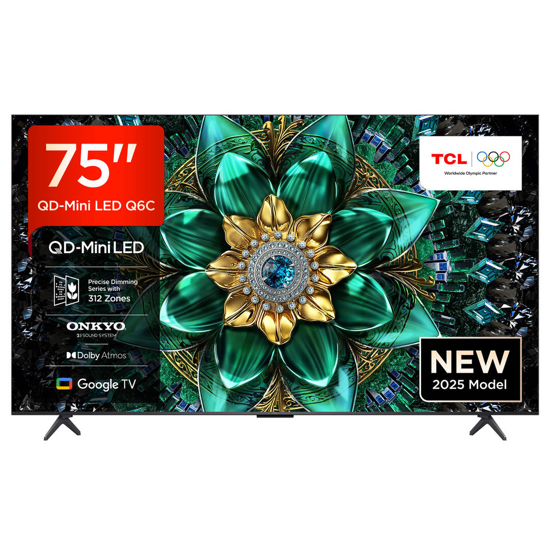 TCL 75Q6C QLED Mini LED Fernseher, 75 Zoll, 4K HDR Premium, Dolby Vision IQ & Atmos, Onkyo 2.1 Sound, Smart TV mit Google TV, Game master, 144Hz Motion Clarity Pro, AMD FreeSync Premium Pro, HDMI 2.1, AirPlay 2, Google Assistant & Alexa