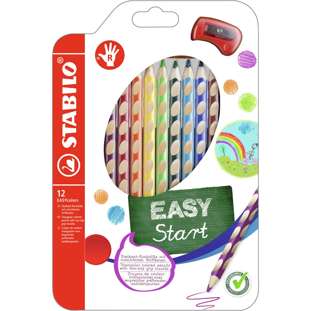 STABILO EASYcolors - Ergonomic Colouring Pencil - Right-Handed - Pack of 12 - Assorted Colours with Sharpener