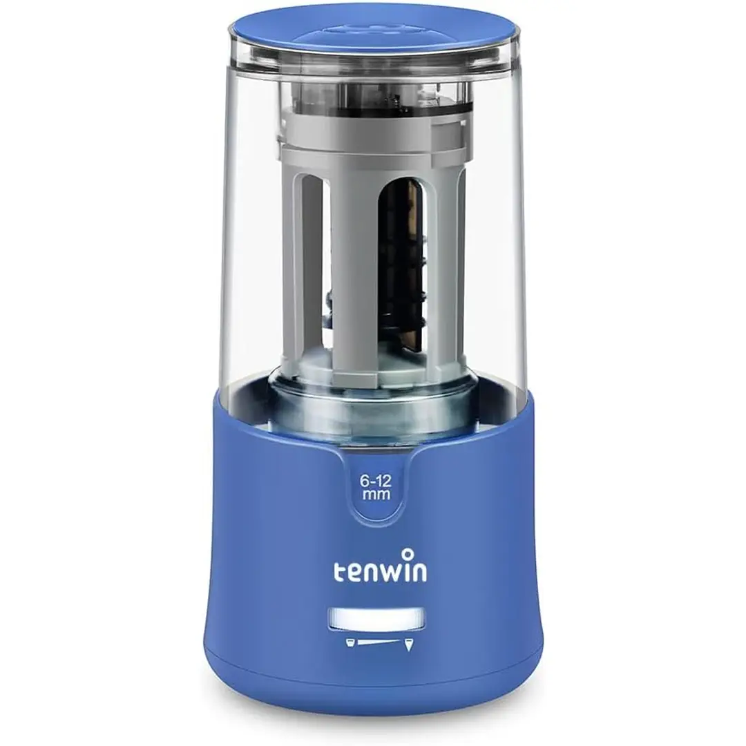 tenwin Electric Pencil Sharpener, AC Adapter-Powered, with Container for 6-12mm Coloured Pencils, Auto Stop for Artists, Kids, Office, Classroom, School Use, Portable, Heavy Duty (Blue)
