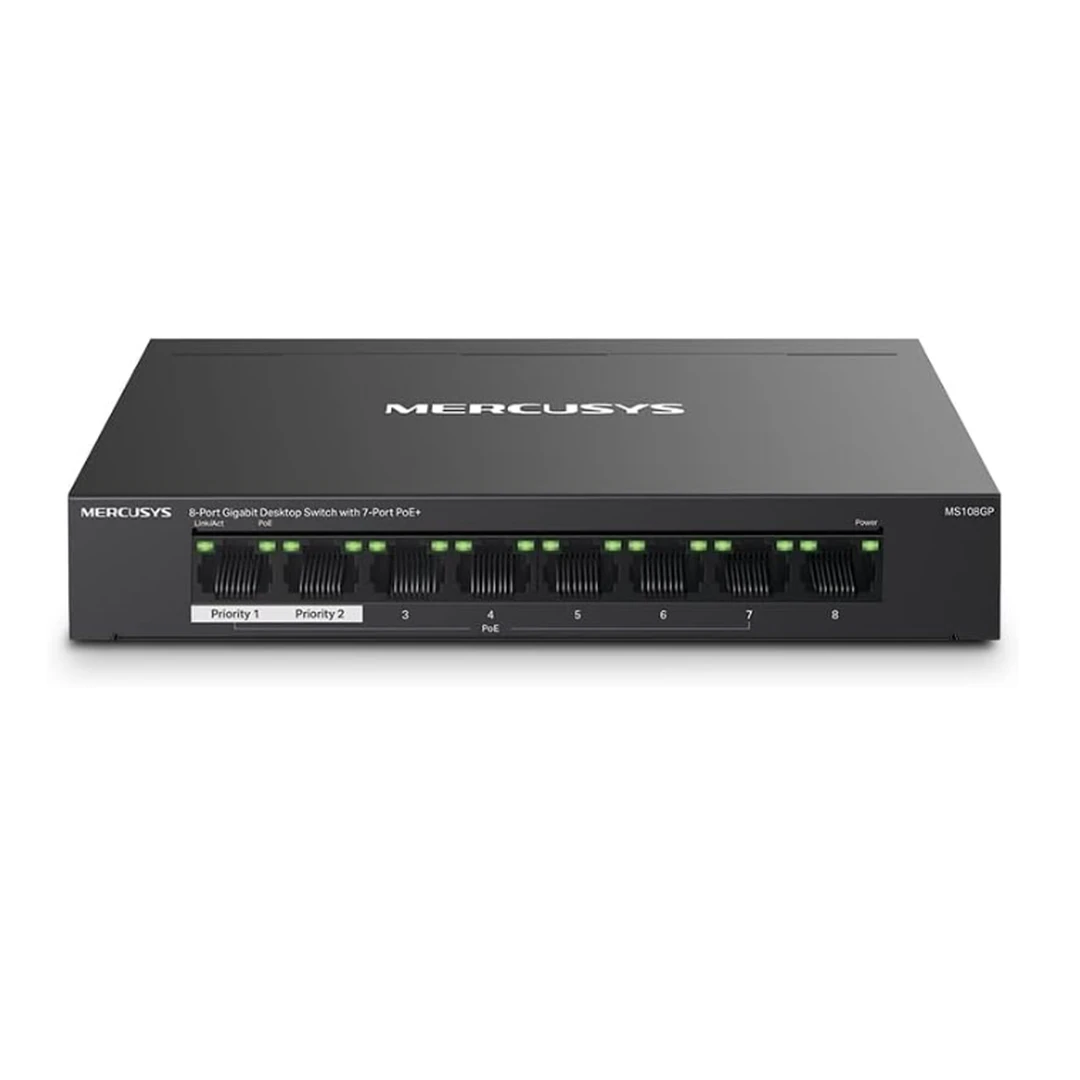 MERCUSYS MS108GP PoE-Switch 8-Port Gigabit-LAN-Switch mit 7 PoE+-Ports, bis zu 30 W pro PoE-Port und 65 W für alle PoE-Ports, 802.3af/at PoE, lüfterlos, Plug-and-play, robustes Metallgehäuse