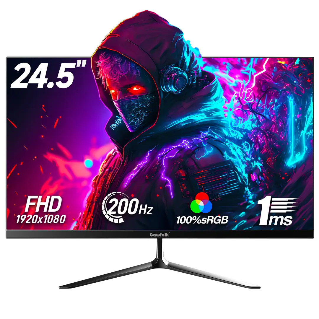 Gawfolk 62,2 cm FHD 1080P Gaming-Monitor, 200 Hz hohe Bildwiederholrate, 1 ms GTG schnelle Reaktionszeit, eingebaute Lautsprecher, randlos, AMD FreeSync, 99% sRGB-Farbraum, 178° Sichtfeld, HDMI/DisplayPort, VESA-Mount 75 x 75 mm, UK/EU-Stecker - schwarz (VA)