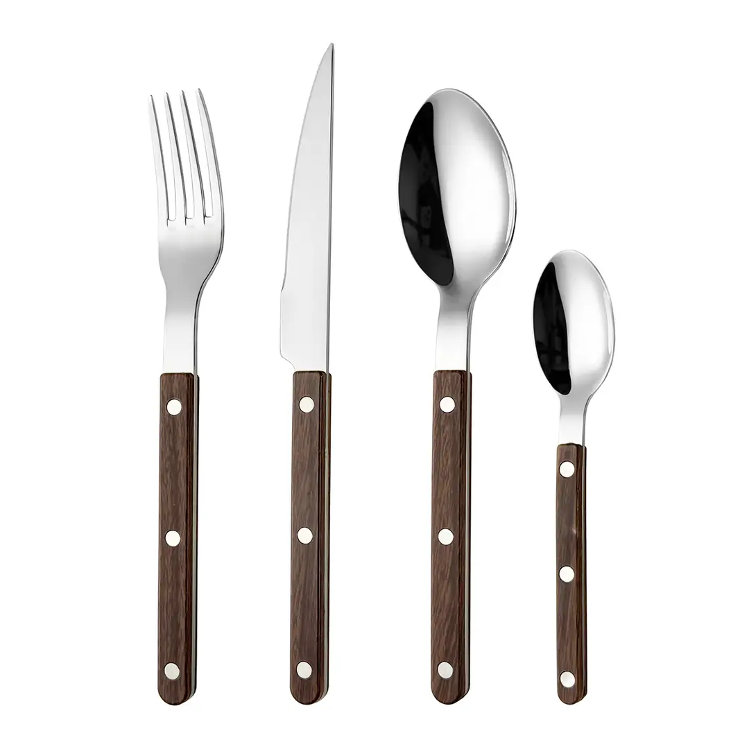 Fangyuan 4-teiliges Besteckset mit hölzerner Texturgriff, versilbertes Edelstahlbesteck mit Messer, Gabel, Löffel, hochwertiges Edelstahlbesteck, spülmaschinenfestes Küchenset S286