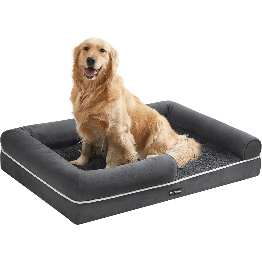 FEANDREA Orthopädisches Hundebett, Hundekissen, Hundekorb, Weicher Polster, Hundesofa, Erhöhte Ränder, Abnehmbarer und waschbarer Bezug, 106 x 80 x 20 cm, Antirutsch-Unterseite, Dunkelgrau, PGW077G01