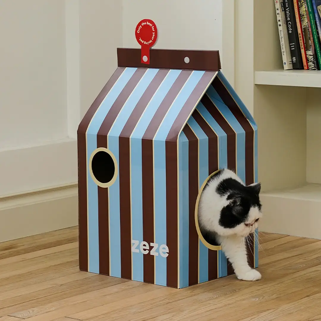 ZEZE Maison pour chat à rayures bleues et marron