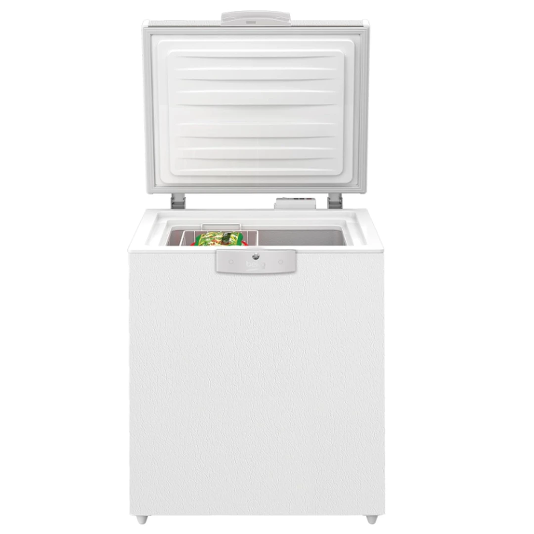 Beko HSM14550 gefrierschrank, 148 L nutzinhalt, 1 gefrierkorb, temperaturalarm, abschließbar, LED-Display-system, innenbeleuchtung, 39 dB (A), für unbeheizte räume geeignet, weiß [energieklasse D]