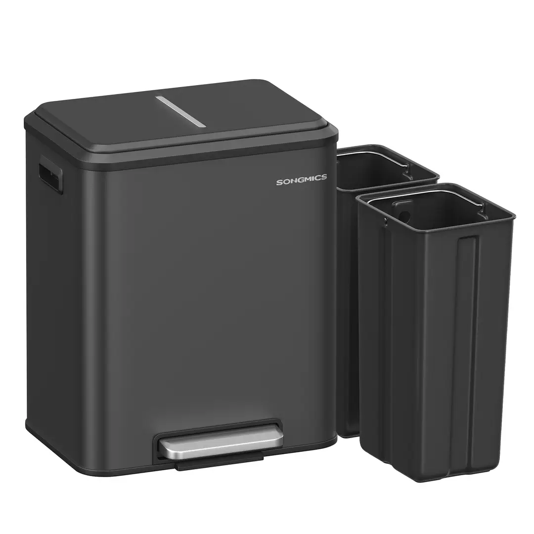 SONGMICS HOME Poubelle à pédale à 2 compartiments en acier noir - 2 x 15 L