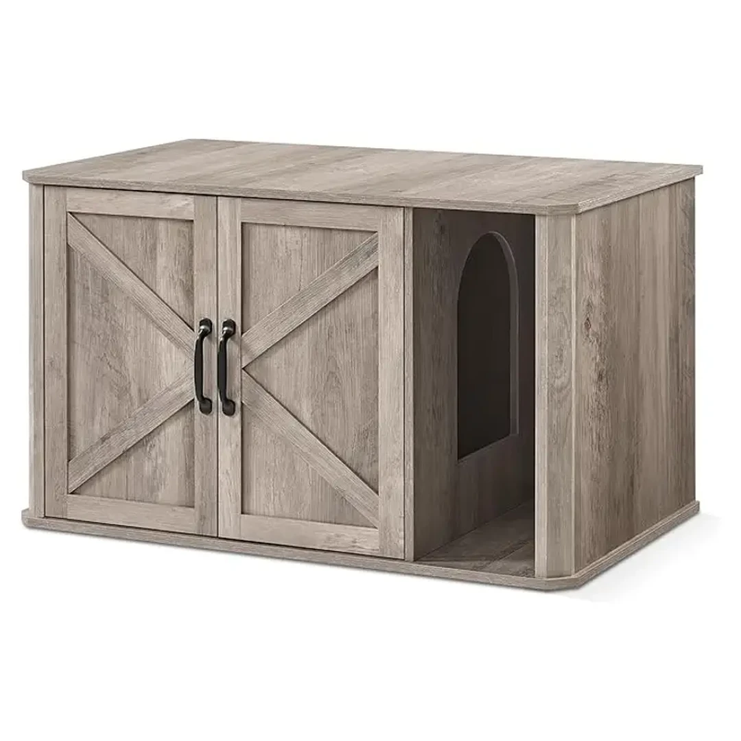 Feandrea kattenbakkast, modern ontwerp voor de voorkant, dubbeldeur en handgrepen, als bijzettafel, 85 x 48,5 x 50 cm, geruischte grijs/grijs-wit, PCL012G01