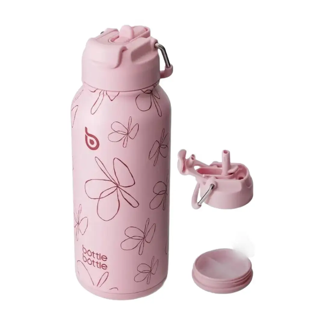 Bottle Bottle Insulated Stainless Steel Sports Water Bottle, 950 ml, with Straw, Dual-Use Lid & Pill Box - Pink Flower