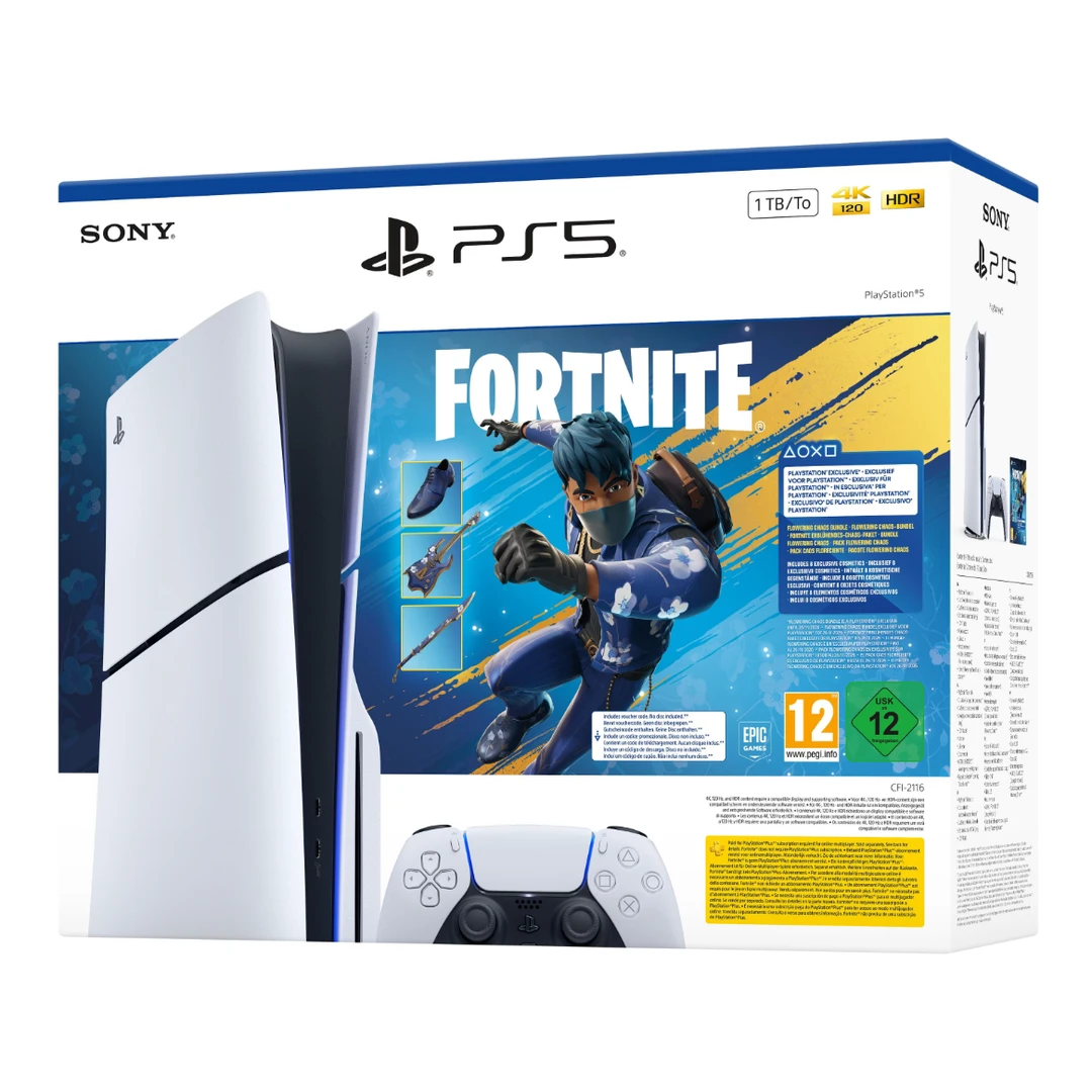 PlayStation PS5 Slim Chassis E Konsole, 1 TB SSD, 825 GB Speicherkapazität (Disc Edition) - Bundle Fortnite Flowering Chaos