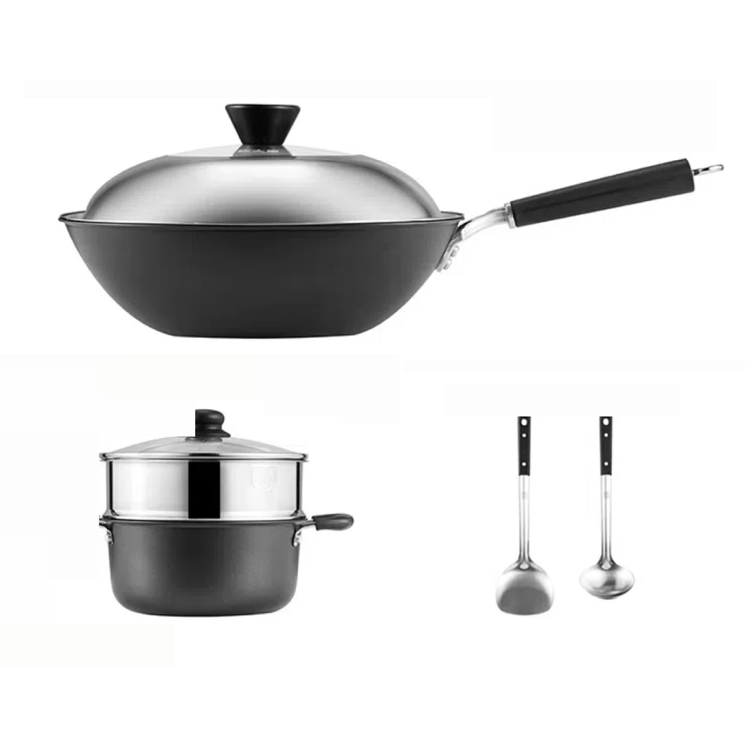 COOKER KING Pannenset - 4.5L Snelle Frituurijzeren Pan + 3L Aluminium Soeppan + 304 RVS Stoommand + 2 Pannenlepels