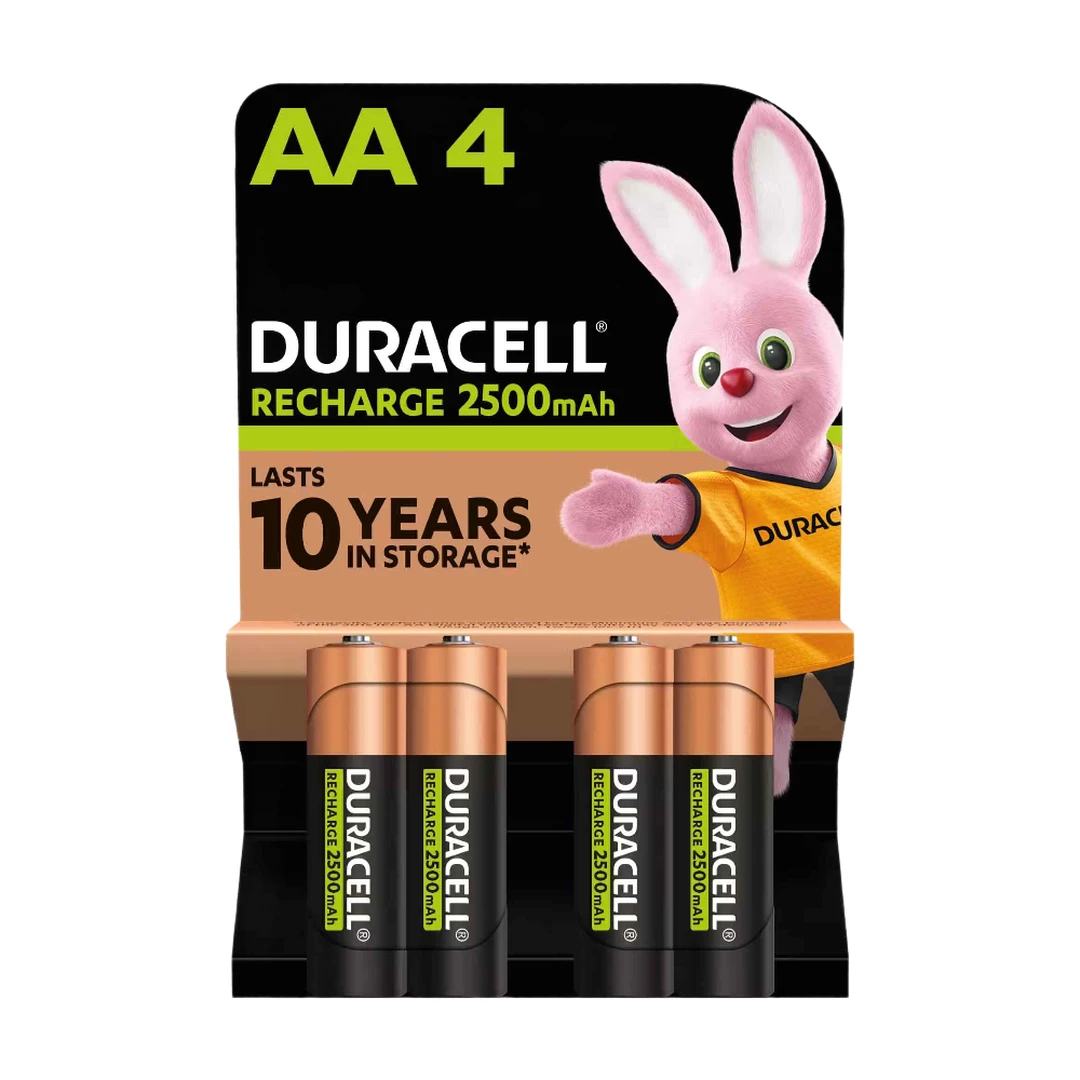 DURACELL Rechargeables Piles AA (lot de 4 piles), 2500 mAh, NiMH, pré-chargées, Nos piles rechargeables qui durent le plus longtemps, un packaging recyclable 0% plastique