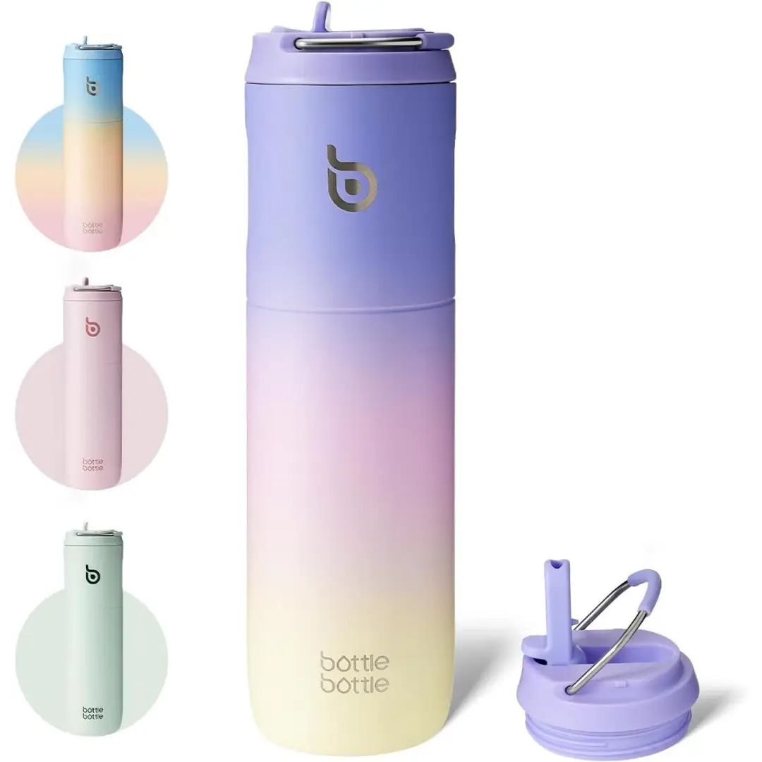 Bottle Bottle Gourde de sport en acier inoxydable avec bouchon 2-en-1 et paille, multicolore (violet, rose, jaune), 700 ml