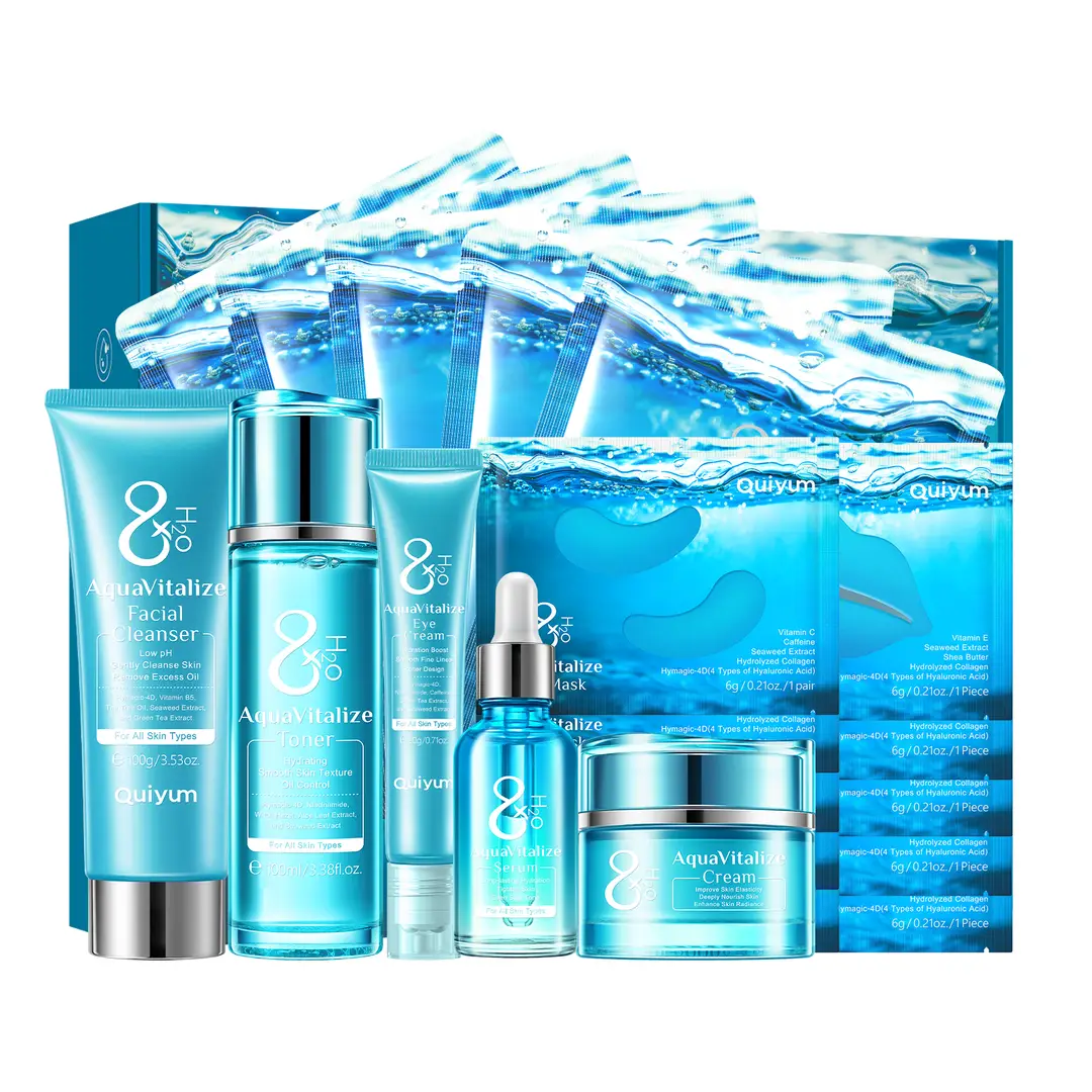 QUIYUM 8 Glasses of Water Skincare Set (20pcs): Cleanser 100g, Toner 100ml, Serum 30ml, Eye Cream 20g, Face Cream 55g, Facial Mask 25g x 5, Eye Mask 6g x 5, Lip Mask 6g x 5, Valentines gift