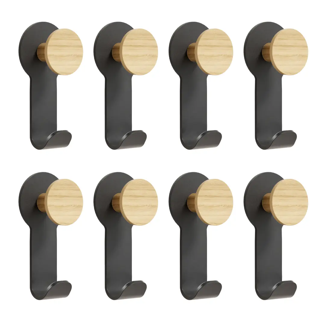 KAPANOU Doppelhaken-Wandmontage-Set mit 8 Vintage-Braun aus Gummiholz, stabiler schwarzer Metallbügel, für Jacken, Handtücher oder Hüte, dekorative Haken für Badezimmer, Schlafzimmer, Eingangsbereich, Neu Jahresverkauf, Top-Geschenkideen