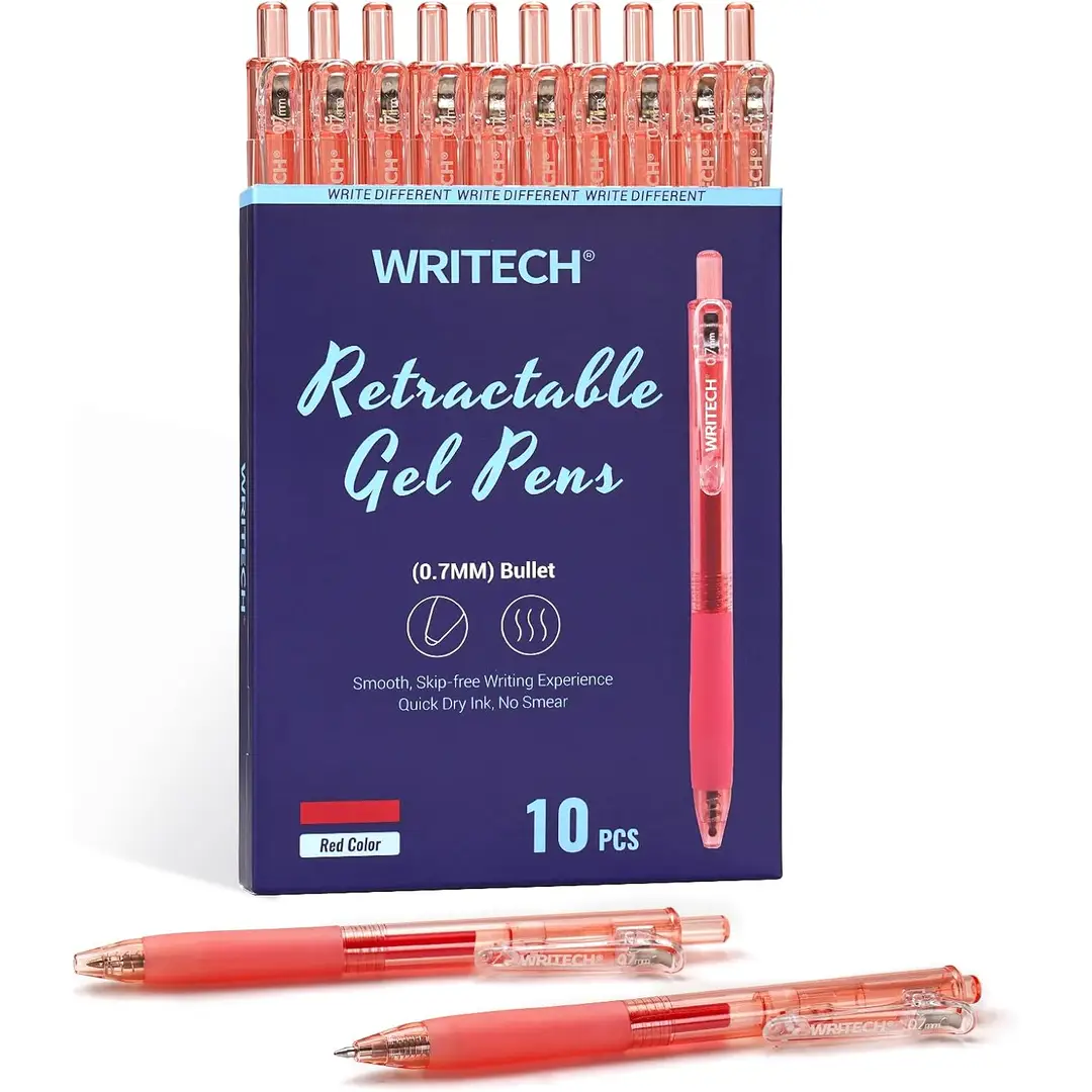 WRITECH Retraktible Gelroller: 0,7 mm mittlere Spitze, rote Tinte, fürs Journal schreiben, glatter Schriftfluss, schnelltrocknende Tinte, kein Durchschreiben, Set mit 10 Stück