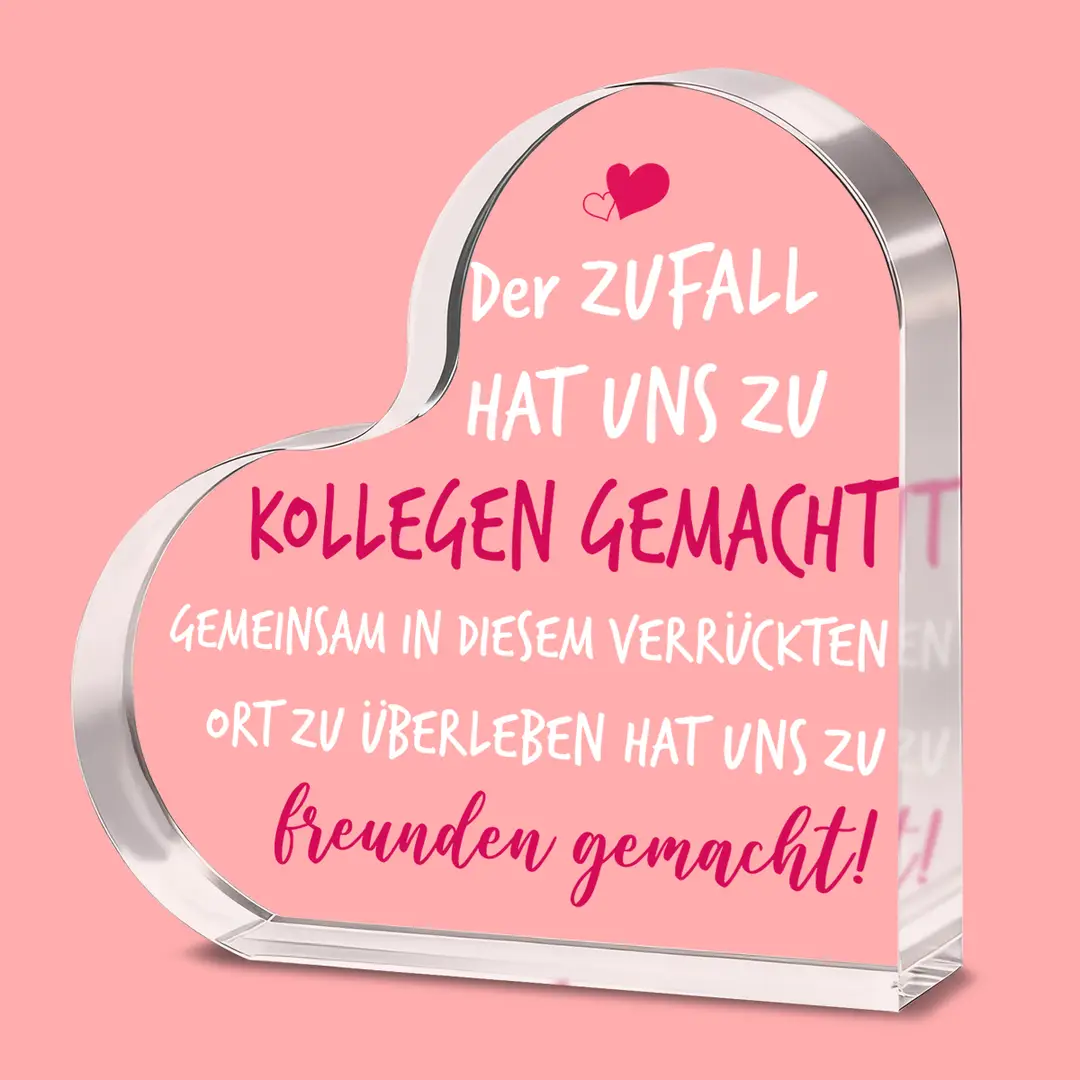 Alphynix 1 Stück Herz-Plakette „Der Zufall hat uns zu Kollegen gemacht - Gemeinsam in diesem verrückten Ort zu überleben, hat uns zu Freunden gemacht!“, Geschenk aus Acryl mit pinken Herzen, Büro-Freundschaft-Erinnerungsstück