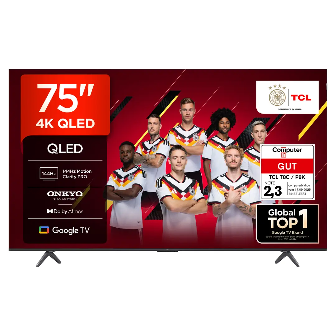 TCL 75T8C 75 Zoll QLED 4K HDR UHD Fernseher, Smart Google TV Dolby Vision Atmos,144Hz Motion Clarity Pro, Game Bar, ALLM, FreeSync, Onkyo 2.1 Sound,Sprachsteuerung, Kompatibel mit Google Assistant