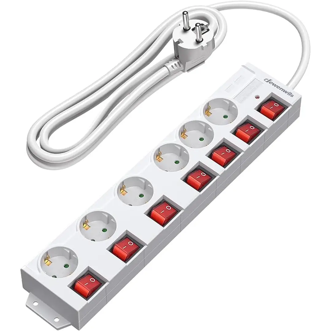 Dewenwils 6-voudige stekkerdoos, individueel schakelbaar, met indicatielampjes, brede tussenruimte en 90° gedraaide stopcontacten, overbelastings- en kinderbeveiliging, 3680 W / 16 A, 3 m kabel, wit