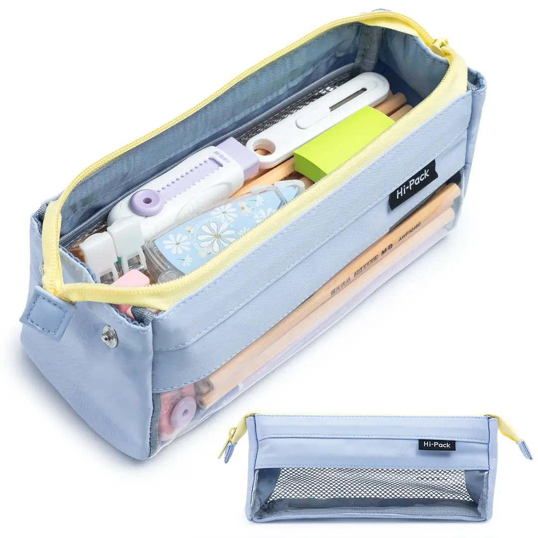 M&amp;G Trousse à crayons transparente triangulaire, grande ouverture, grande capacité, bleu ciel, 1 pièce