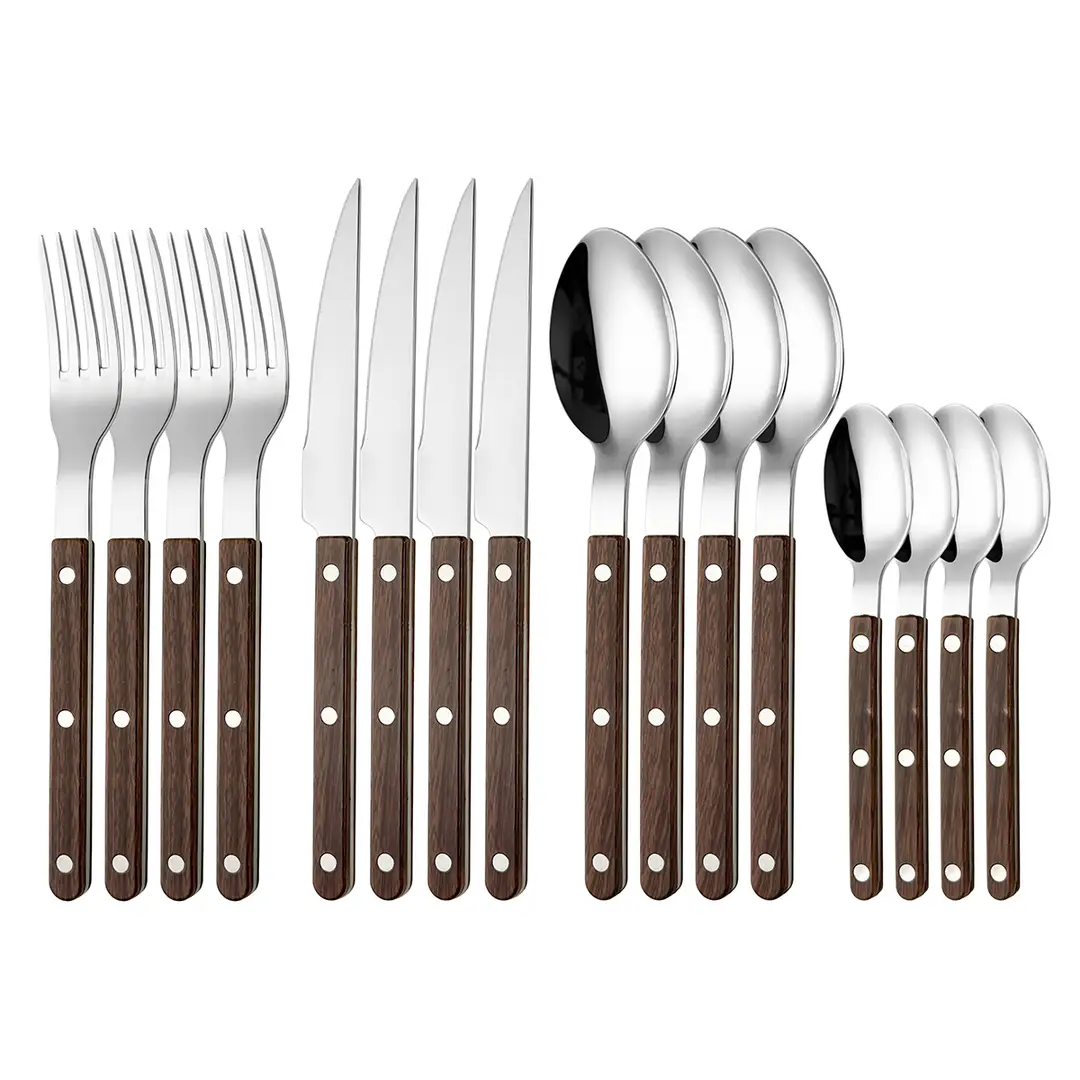 Fangyuan 16-teiliges Besteck-Set mit hölzerner Griffstruktur, versilbertes Edelstahlbesteck mit Messer, Gabel, Löffel, hochwertiges Edelstahlbesteck, spülmaschinenfestes Küchenset S286