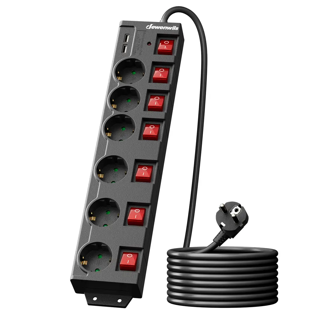Dewenwils 6-fach steckdosenleiste mit 2 USB – einzeln schaltbar, großer steckdosenabstand, 90°-anordnung, überlastschutz & kindersicherung, 3680 W/16 A, 5 m, schwarz