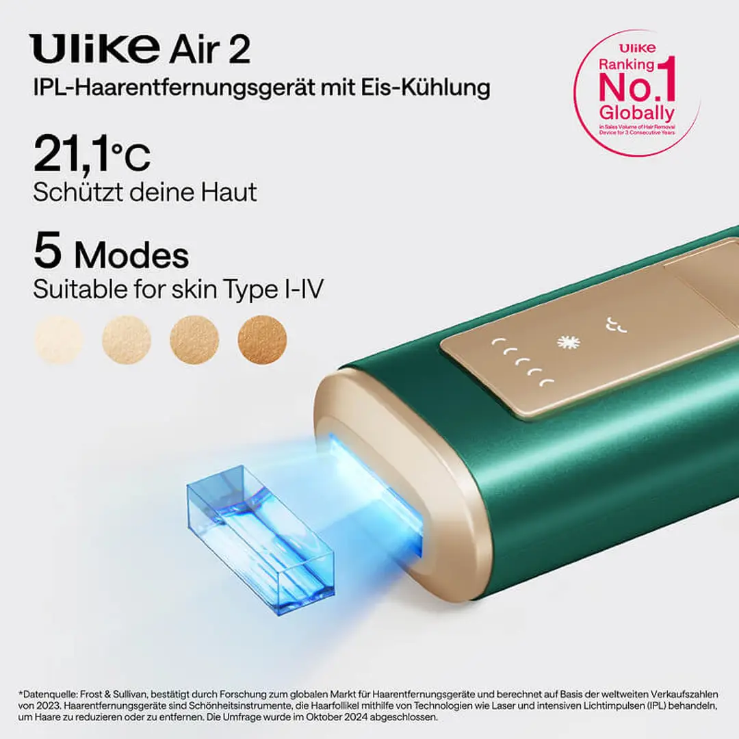 Ulike Air 2 IPL Geräte Haarentfernung für Damen und Herren mit Eiskühltechnik, nahezu schmerzfreie Ergebnisse, Sichere Alternative zur Laser Haarenentfernung, für Körper und Gesicht Grün
