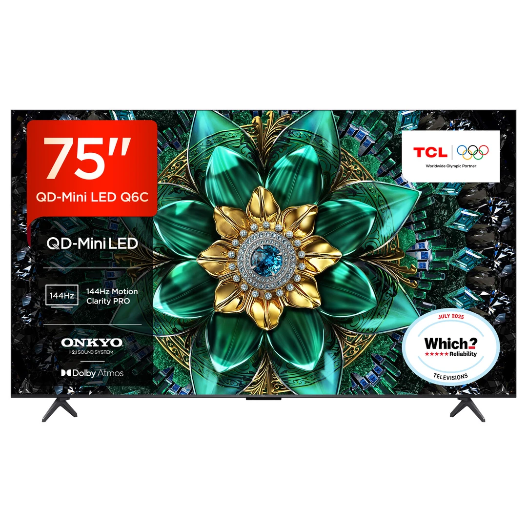 TCL 75Q6C-UK 75" QD-Mini LED TV, 4K HDR Premium 1000nits, Smart TV Powered by Google TV (Dolby Vision IQ & Atmos, Onkyo 2.1 Sound System, 144Hz Motion Clarity Pro, Game Master, 2025 New Model) [Energy Class E]