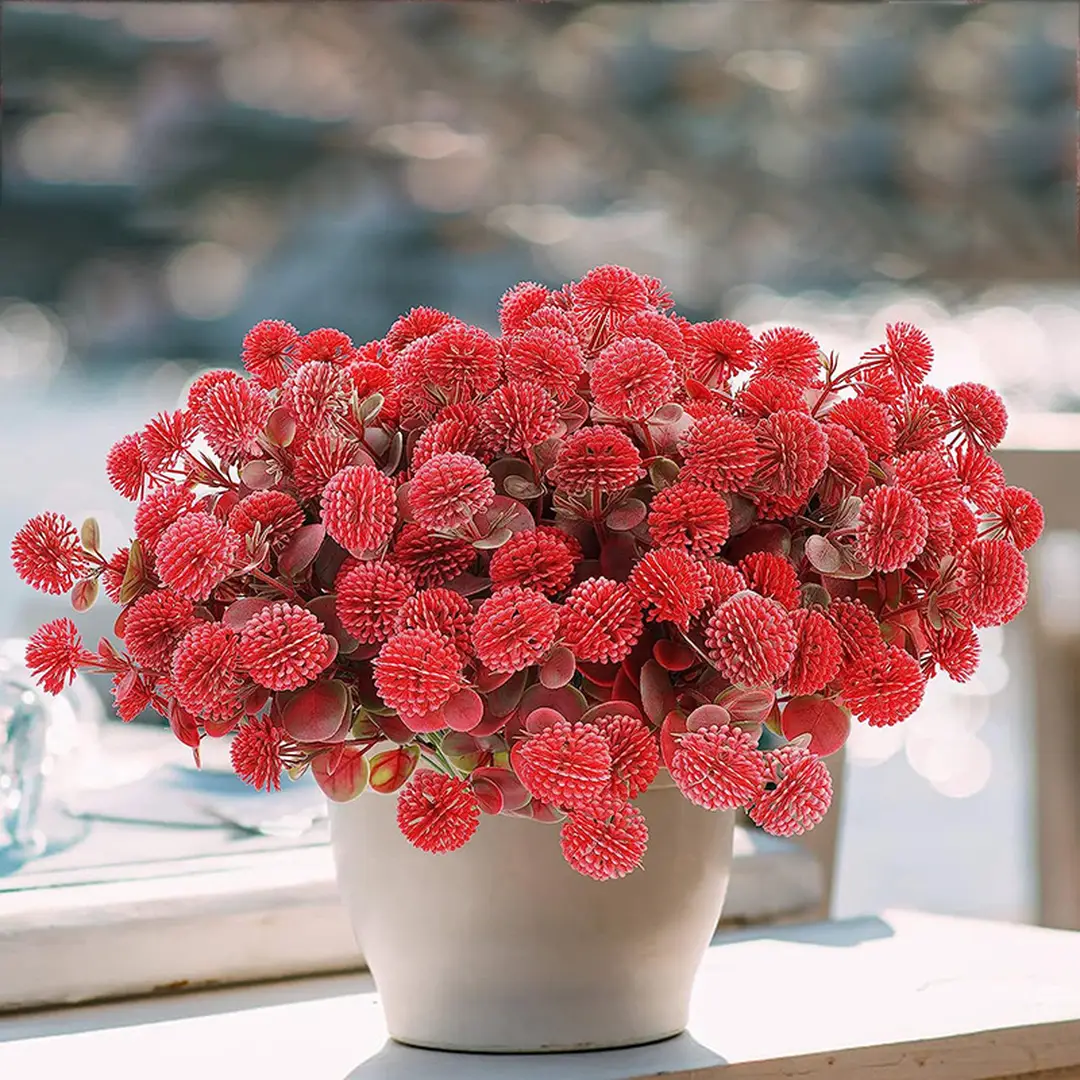 Yuejia  4Pcs 13.77in/35cmArtificial Billy Ball Flower Man Fake Plants Living Room Decoration Ornaments Desktop Fake Flowers(red)