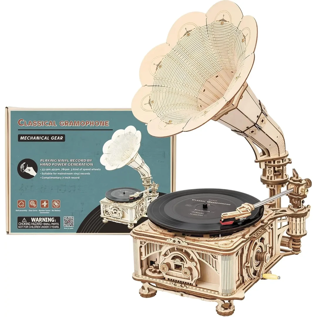 Robotime elektrische klassieke gramfoon 3D-houten bouwset 22,1 x 22,6 x 42,9 cm 1 stuk, huisdecoratie, decoratie voor boekenplanken, cadeaus voor volwassenen en tieners, educatief speelgoed