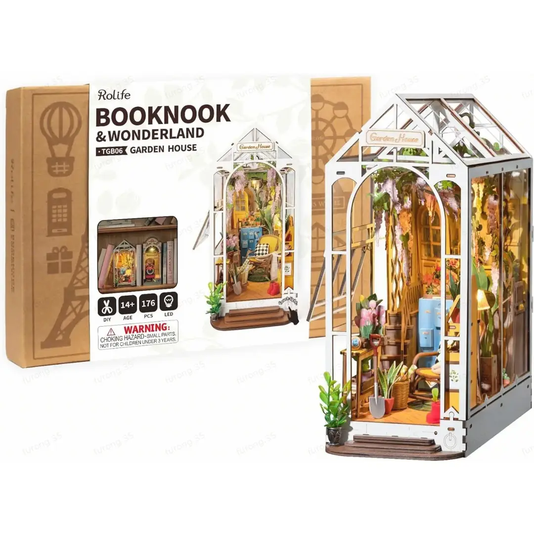 Robotime Rolife tuinhuisje boekenhoekje DIY 3D-puzzelspeelgoed 11 x 20,3 x 24,1 cm - 1 stuk,Wooninrichting, boekenkastdecoratie,Handgemaakte cadeaus voor volwassenen en tieners,Onderwijs speelgoed