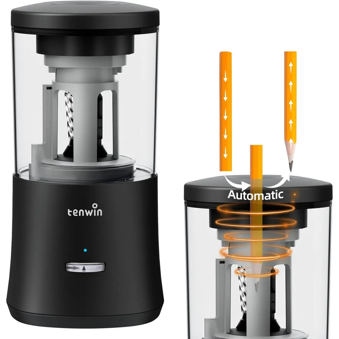 tenwin Electric Pencil Sharpener, Fully Automatic Pencil Sharpener for 6-8mm Colored Pencils, Hands-Free Rechargeable Sharpener, Fast Sharpening, No Uneven Tips, Also for Short Pencils, Black