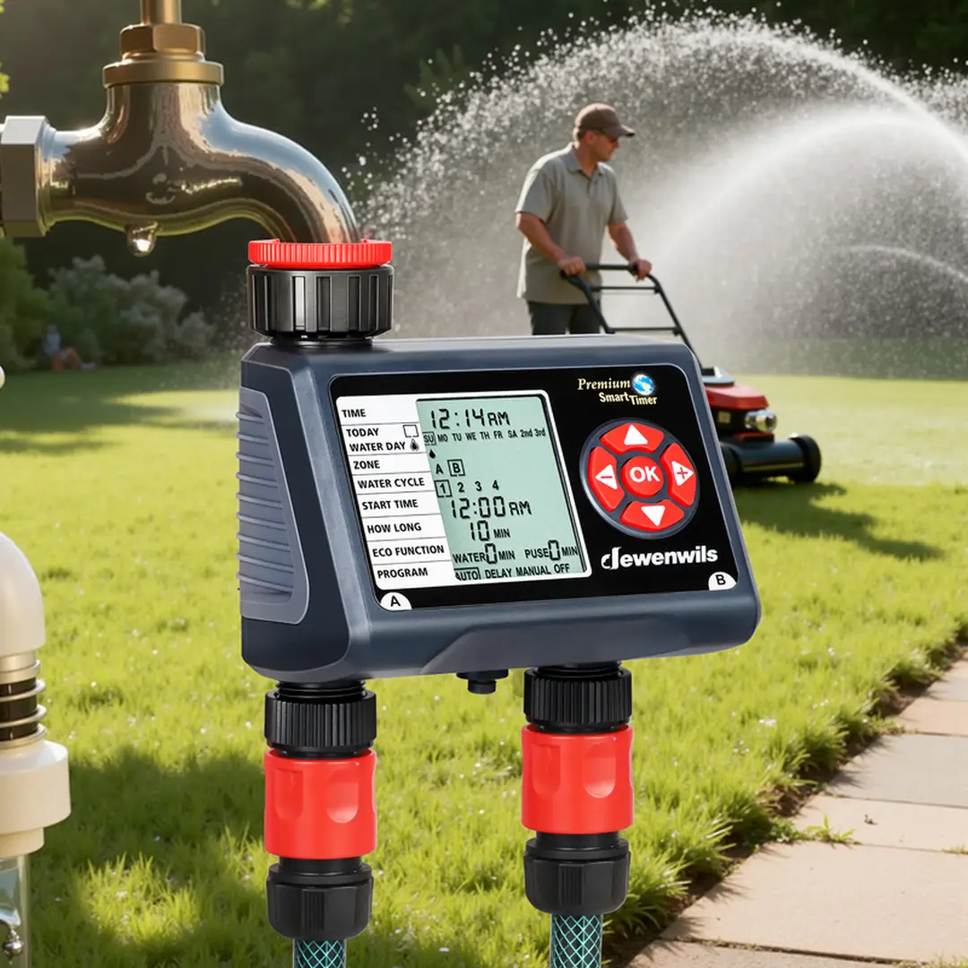 Dewenwils tijdschakelaar voor tuinsproeiers met 2 zone-uitgangen, 4 programma’s per zone, automatische watering met regenvertraging, handmatige en automatische standen