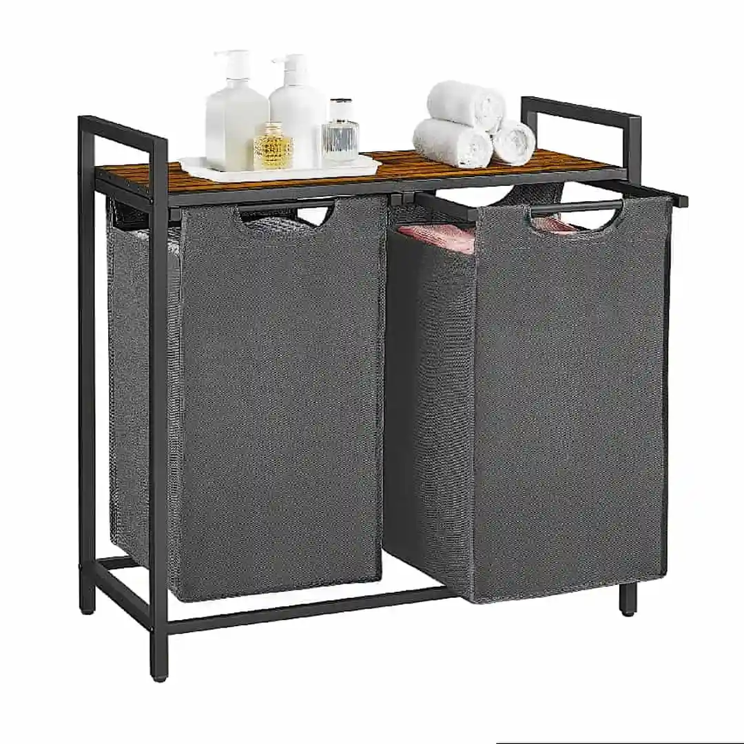 VASAGLE wasmand met 2/3 compartimenten, inclusief legplank, van Oxford-stof, uitbreidbaar, uitneembaar metalen frame, 2 x 46 L, grijs